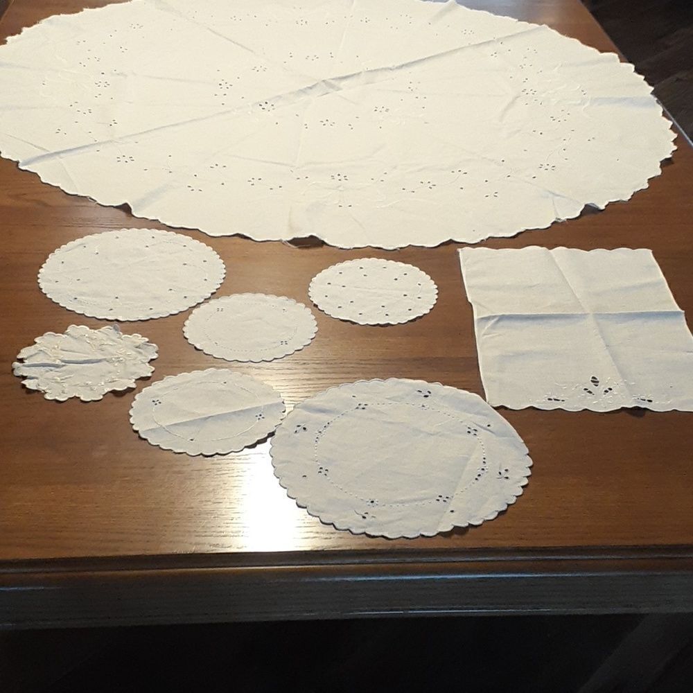 8 pc bundle vintage cotton eyelet tablecloth and similar doilies